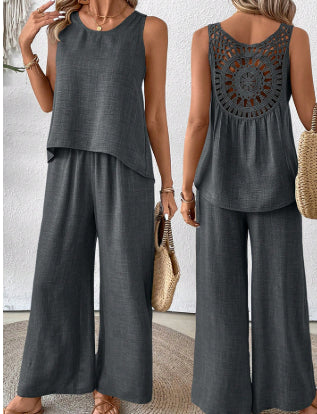 2 Pieces Set Women's Sleeveless Solid Color Back Hollow Lace Suit Summmer Trendy Casual Top Wide Leg Pants Set For Daily Wear Holiday Outfit