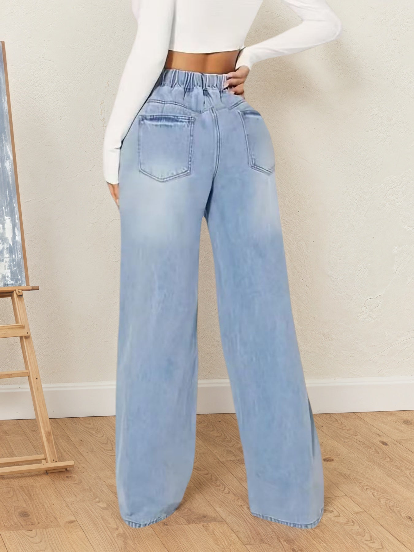 Women Casual Fashion High-waisted Denim Pants, Drawstring Design Loose Version Of Mopping Pants