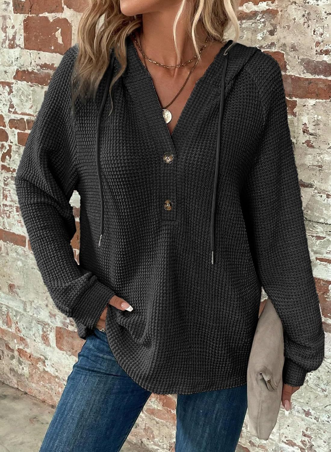 Waffle Hooded Sweater Sweatshirt Fashion Casual Long-sleeved Drawstring V-neck Buttons Top Women's Clothing
