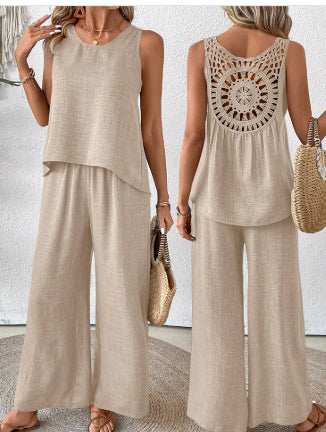 2 Pieces Set Women's Sleeveless Solid Color Back Hollow Lace Suit Summmer Trendy Casual Top Wide Leg Pants Set For Daily Wear Holiday Outfit