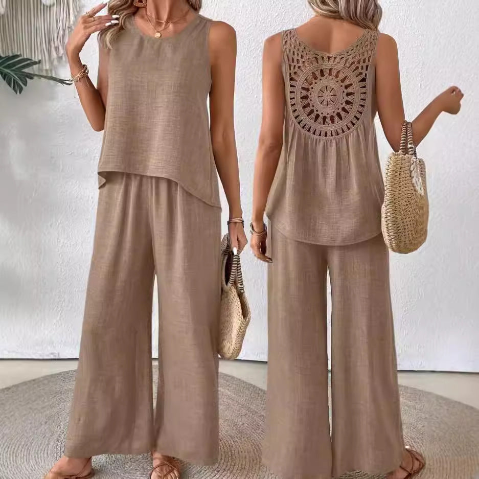 2 Pieces Set Women's Sleeveless Solid Color Back Hollow Lace Suit Summmer Trendy Casual Top Wide Leg Pants Set For Daily Wear Holiday Outfit