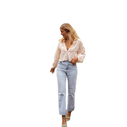 Embroidered Fabric Lantern Sleeves And A V-neck With Lace Detailinga Sophisticated Blouse