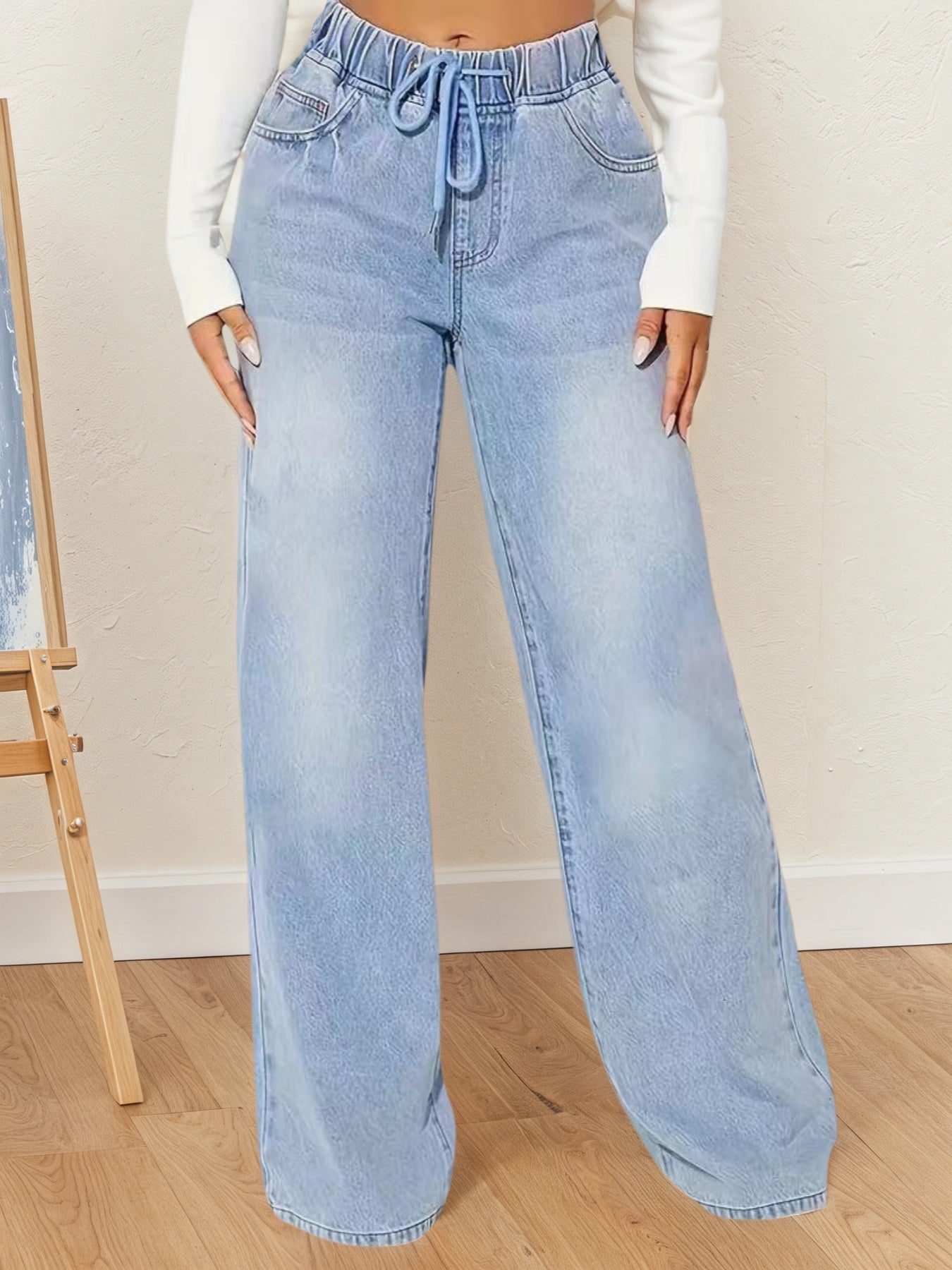 Women Casual Fashion High-waisted Denim Pants, Drawstring Design Loose Version Of Mopping Pants