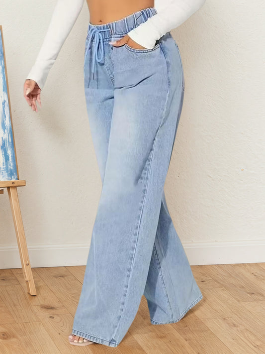 Women Casual Fashion High-waisted Denim Pants, Drawstring Design Loose Version Of Mopping Pants