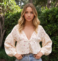 Embroidered Fabric Lantern Sleeves And A V-neck With Lace Detailinga Sophisticated Blouse